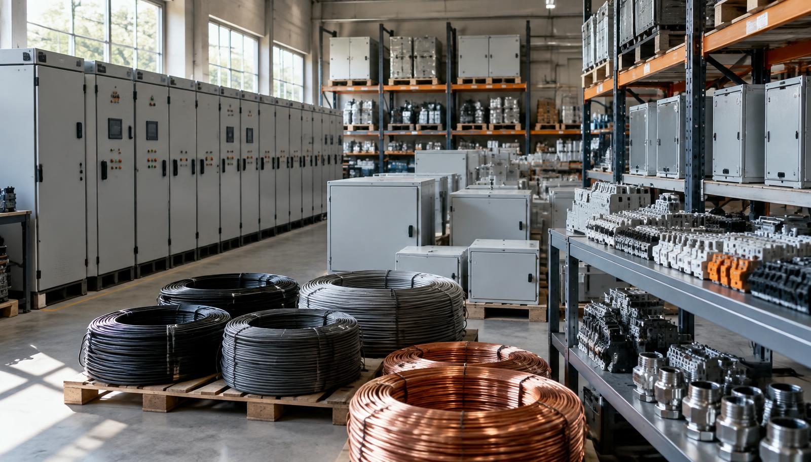 Electrical components and distribution equipment arranged in an industrial supply facility